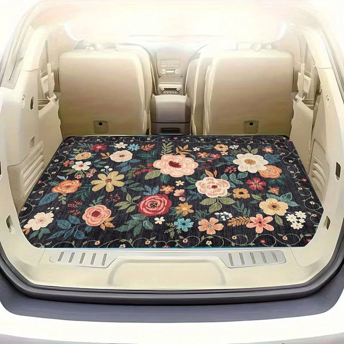 1pc, Waterproof Trunk Mat, Car Cargo Liner, Universal Fit For Suvs And Sedans, Floral Pattern With Multicolor Roses And Leaves On Dark Background, Heavy Duty Non-Slip Rubber Backing, Suitable For All