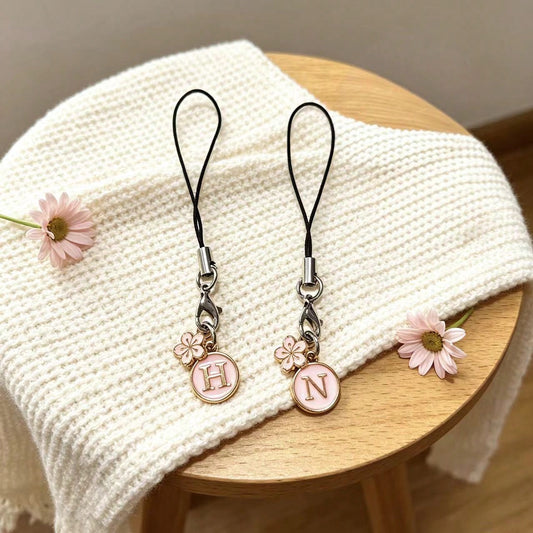 1pc White Cherry Blossom Round English Letter A-Z Pendant Phone Charm