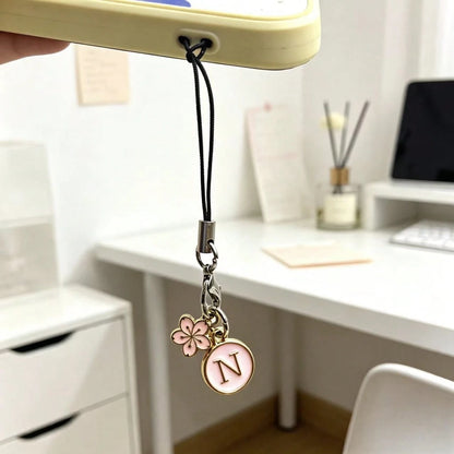 1pc White Cherry Blossom Round English Letter A-Z Pendant Phone Charm
