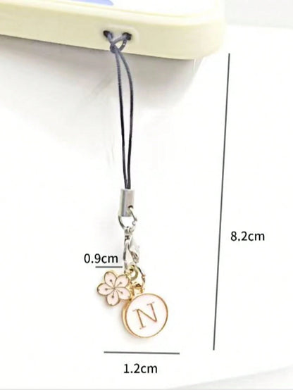 1pc White Cherry Blossom Round English Letter A-Z Pendant Phone Charm