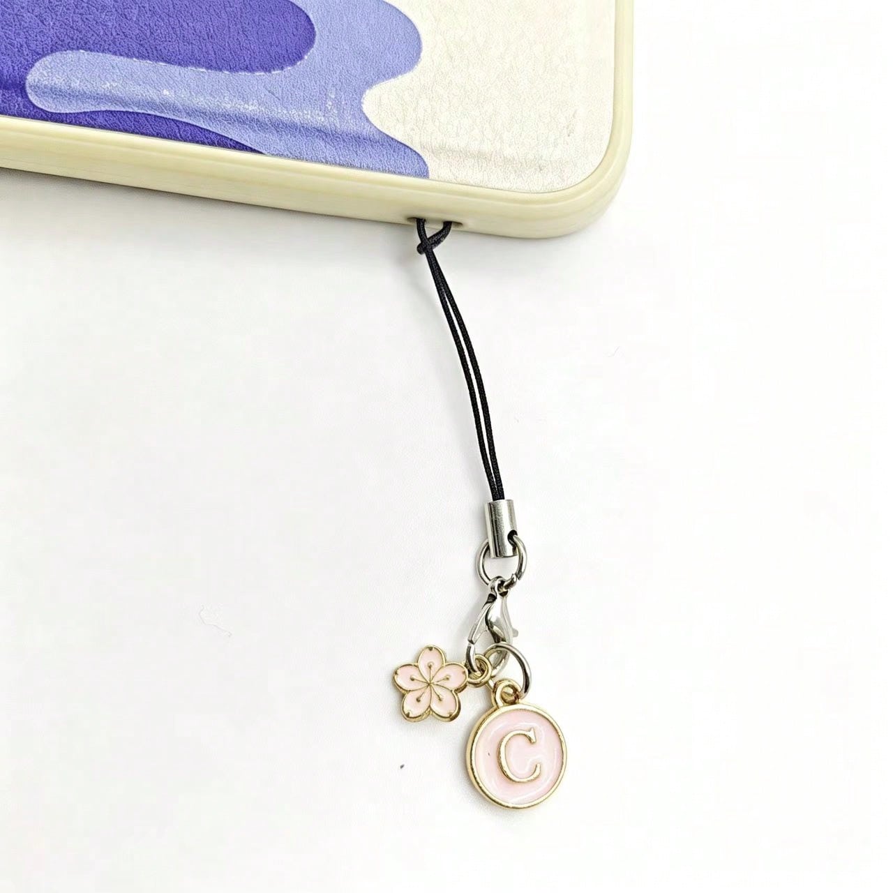 1pc White Cherry Blossom Round English Letter A-Z Pendant Phone Charm