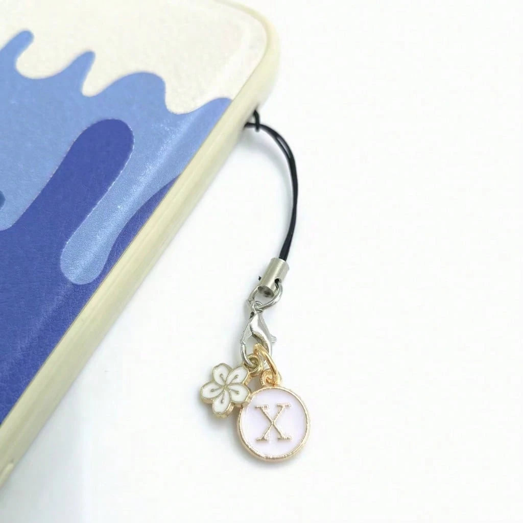 1pc White Cherry Blossom Round Letter A-Z Pendant Phone Charm