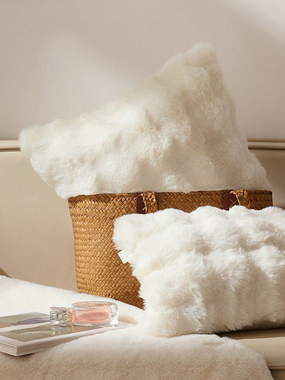 1pc White Decorative Faux Rabbit Fur Cushion Cover Without Filler, Modern Flannelette Fuzzy Plush Throw Pillow Cover Zipper Closure For Home, For Sofa, Living Room