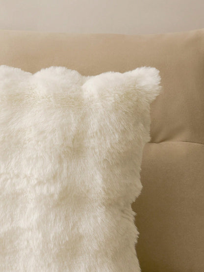 1pc White Decorative Faux Rabbit Fur Cushion Cover Without Filler, Modern Flannelette Fuzzy Plush Throw Pillow Cover Zipper Closure For Home, For Sofa, Living Room