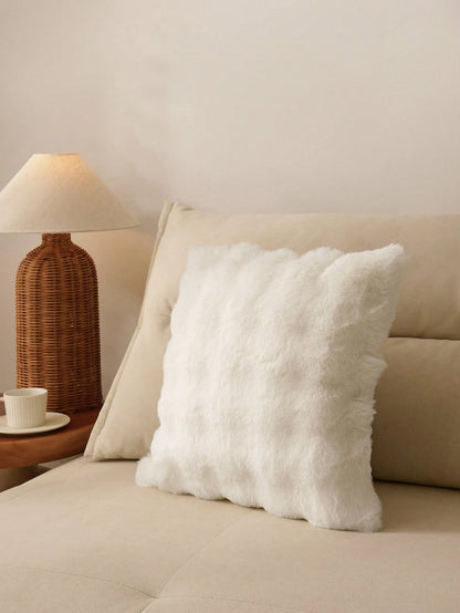1pc White Decorative Faux Rabbit Fur Cushion Cover Without Filler, Modern Flannelette Fuzzy Plush Throw Pillow Cover Zipper Closure For Home, For Sofa, Living Room