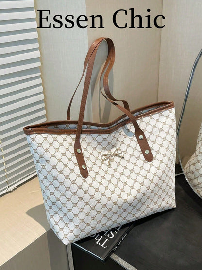 1pc White Vintage Floral Letter Embellished PU Tote Bag, Large Capacity Shoulder Bag With Metal Hardware, Cream Bag
