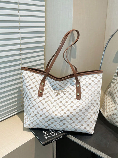 1pc White Vintage Floral Letter Embellished PU Tote Bag, Large Capacity Shoulder Bag With Metal Hardware, Cream Bag