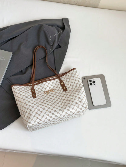 1pc White Vintage Floral Letter Embellished PU Tote Bag, Large Capacity Shoulder Bag With Metal Hardware, Cream Bag