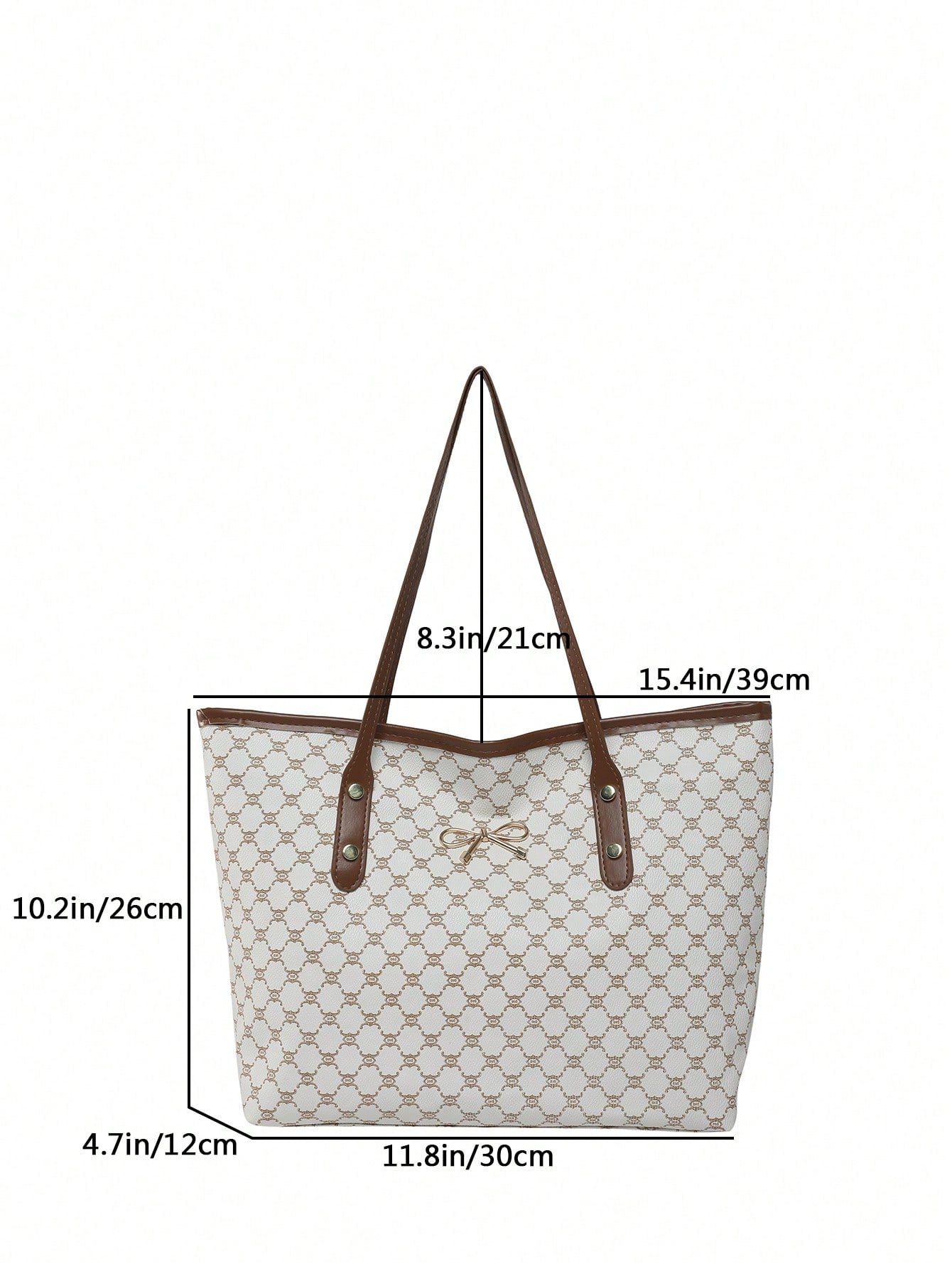 1pc White Vintage Floral Letter Embellished PU Tote Bag, Large Capacity Shoulder Bag With Metal Hardware, Cream Bag