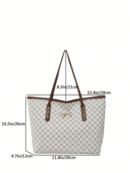 1pc White Vintage Floral Letter Embellished PU Tote Bag, Large Capacity Shoulder Bag With Metal Hardware, Cream Bag