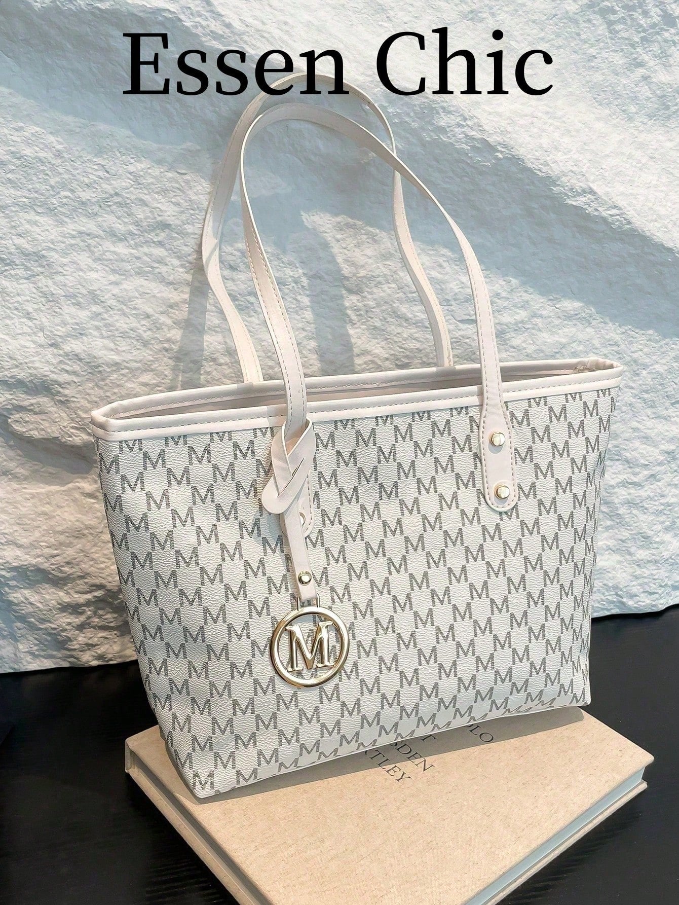 1pc White Vintage Floral Letter Embellished PU Tote Bag, Large Capacity Shoulder Bag With Metal Hardware, Cream Bag