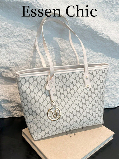 1pc White Vintage Floral Letter Embellished PU Tote Bag, Large Capacity Shoulder Bag With Metal Hardware, Cream Bag