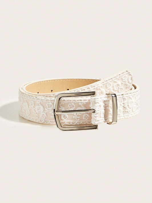 1pc Women's Floral Print Solid Color Casual PU Leather Versatile Ruffled Buckle Belt, Suitable For All Seasons