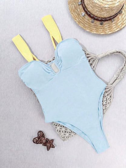 1pc Women's One-Piece Swimsuit With Lining, Wide Strap Design Minimalist & Elegant, Retro Color Tone Radiates Mature Charm Vacation Beach Summer