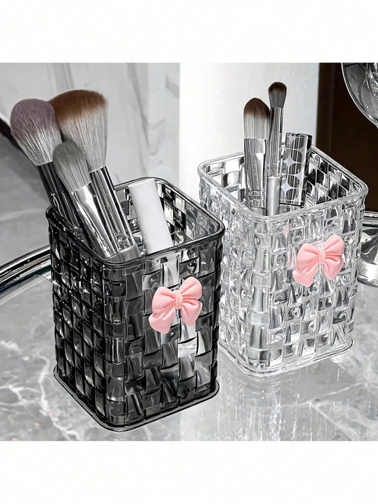 1pc Woven-Texture Plastic Makeup Brushes Holder With Butterfly Sticker – Large Capacity Desktop Pens Organizer Box, Plastic Transparent WhiteBlack, Multi-Purpose Desktop Storage Container For Makeup B