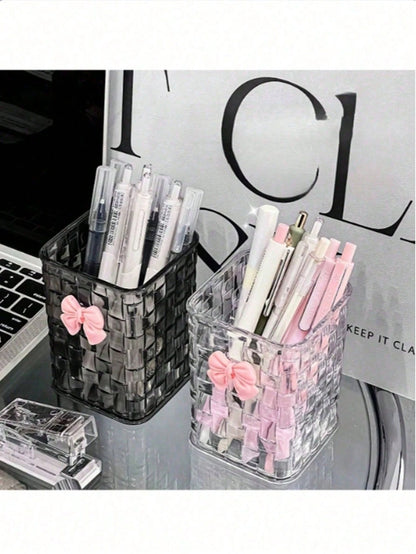 1pc Woven-Texture Plastic Makeup Brushes Holder With Butterfly Sticker – Large Capacity Desktop Pens Organizer Box, Plastic Transparent WhiteBlack, Multi-Purpose Desktop Storage Container For Makeup B