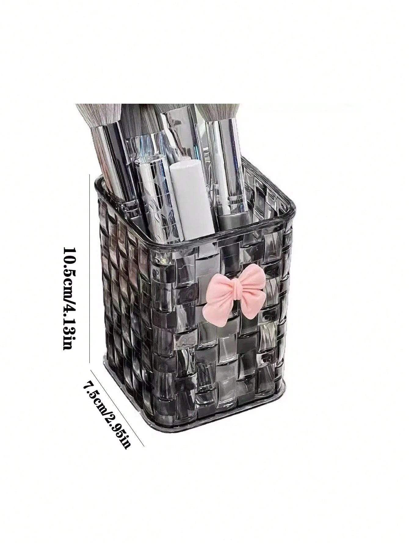 1pc Woven-Texture Plastic Makeup Brushes Holder With Butterfly Sticker – Large Capacity Desktop Pens Organizer Box, Plastic Transparent WhiteBlack, Multi-Purpose Desktop Storage Container For Makeup B
