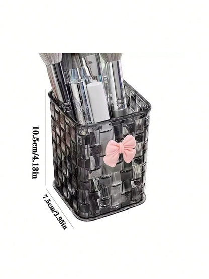 1pc Woven-Texture Plastic Makeup Brushes Holder With Butterfly Sticker – Large Capacity Desktop Pens Organizer Box, Plastic Transparent WhiteBlack, Multi-Purpose Desktop Storage Container For Makeup B