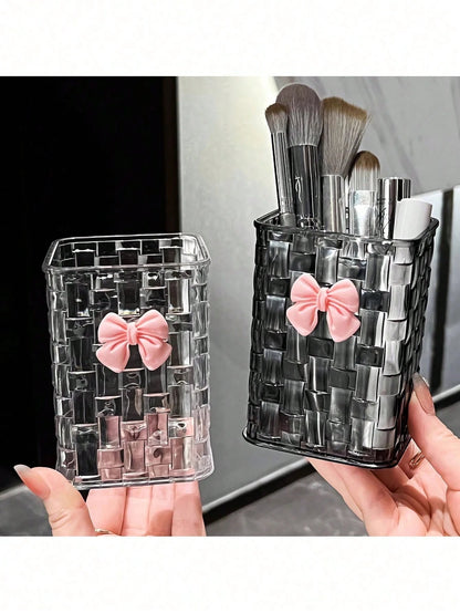 1pc Woven-Texture Plastic Makeup Brushes Holder With Butterfly Sticker – Large Capacity Desktop Pens Organizer Box, Plastic Transparent WhiteBlack, Multi-Purpose Desktop Storage Container For Makeup B
