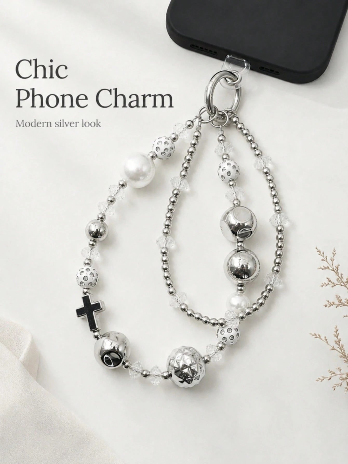 1pc Y2K Silver Double Layer Beaded Phone Wrist Strap Cross Charm Faux Pearl Transparent Crystal Hollow Metal Ball Lobster Clasp Detachable Chain For Cell Phone Handbag Earbud Case Grunge Aesthetic Acc