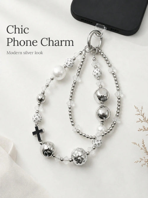 1pc Y2K Silver Double Layer Beaded Phone Wrist Strap Cross Charm Faux Pearl Transparent Crystal Hollow Metal Ball Lobster Clasp Detachable Chain For Cell Phone Handbag Earbud Case Grunge Aesthetic Acc