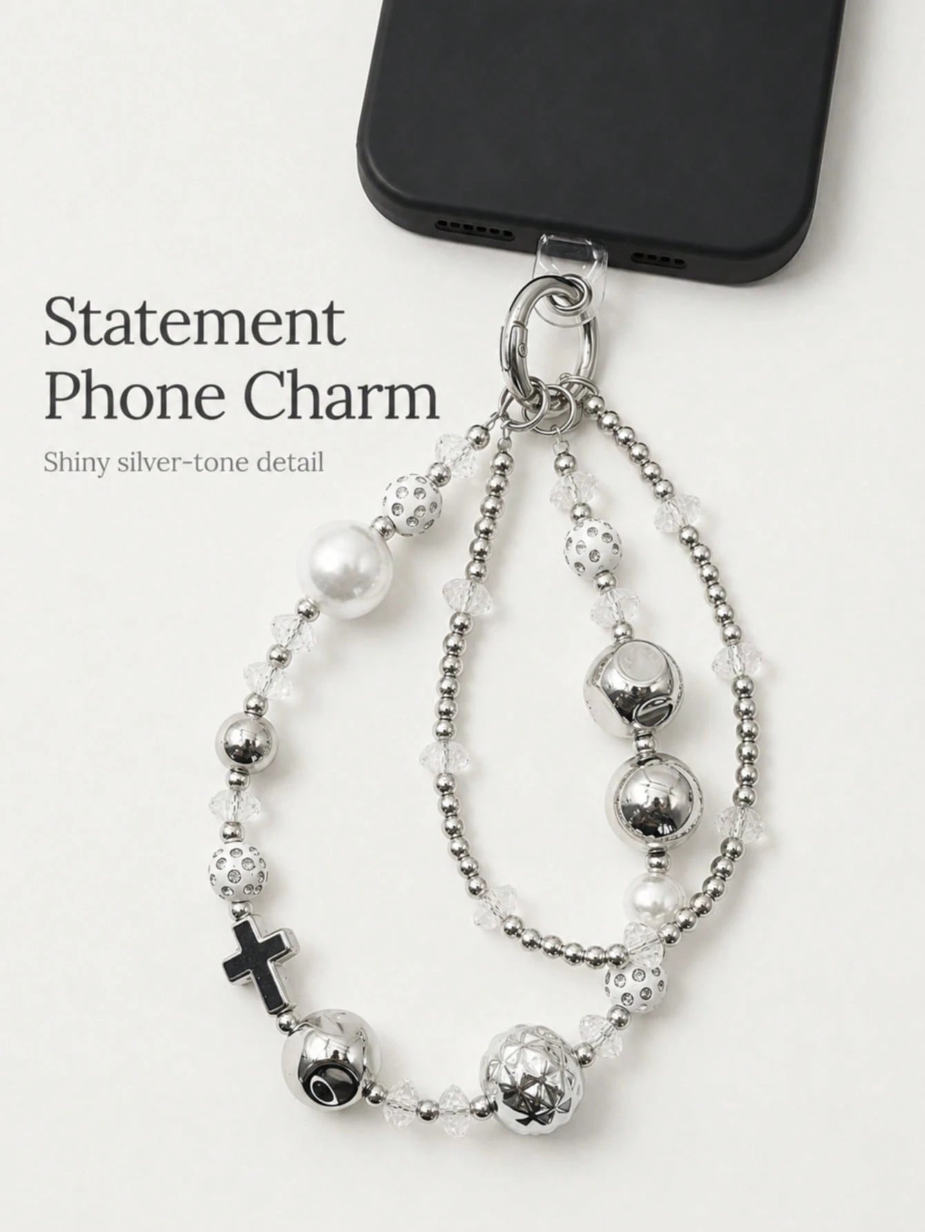 1pc Y2K Silver Double Layer Beaded Phone Wrist Strap Cross Charm Faux Pearl Transparent Crystal Hollow Metal Ball Lobster Clasp Detachable Chain For Cell Phone Handbag Earbud Case Grunge Aesthetic Acc