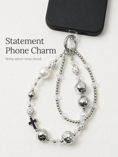 1pc Y2K Silver Double Layer Beaded Phone Wrist Strap Cross Charm Faux Pearl Transparent Crystal Hollow Metal Ball Lobster Clasp Detachable Chain For Cell Phone Handbag Earbud Case Grunge Aesthetic Acc