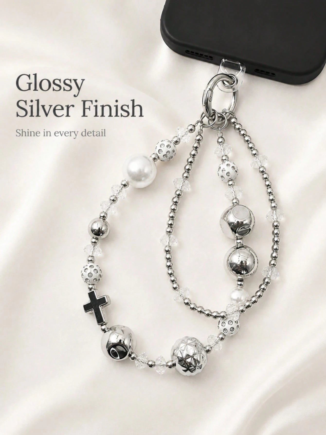 1pc Y2K Silver Double Layer Beaded Phone Wrist Strap Cross Charm Faux Pearl Transparent Crystal Hollow Metal Ball Lobster Clasp Detachable Chain For Cell Phone Handbag Earbud Case Grunge Aesthetic Acc