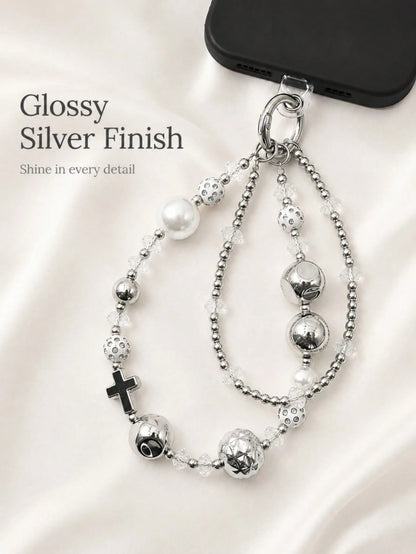 1pc Y2K Silver Double Layer Beaded Phone Wrist Strap Cross Charm Faux Pearl Transparent Crystal Hollow Metal Ball Lobster Clasp Detachable Chain For Cell Phone Handbag Earbud Case Grunge Aesthetic Acc