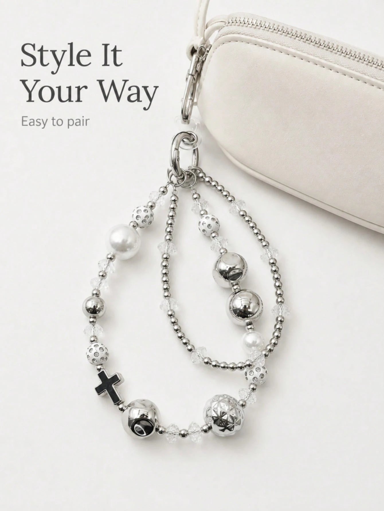 1pc Y2K Silver Double Layer Beaded Phone Wrist Strap Cross Charm Faux Pearl Transparent Crystal Hollow Metal Ball Lobster Clasp Detachable Chain For Cell Phone Handbag Earbud Case Grunge Aesthetic Acc