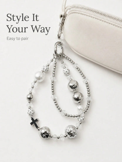 1pc Y2K Silver Double Layer Beaded Phone Wrist Strap Cross Charm Faux Pearl Transparent Crystal Hollow Metal Ball Lobster Clasp Detachable Chain For Cell Phone Handbag Earbud Case Grunge Aesthetic Acc