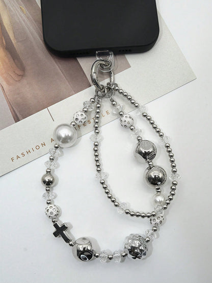 1pc Y2K Silver Double Layer Beaded Phone Wrist Strap Cross Charm Faux Pearl Transparent Crystal Hollow Metal Ball Lobster Clasp Detachable Chain For Cell Phone Handbag Earbud Case Grunge Aesthetic Acc