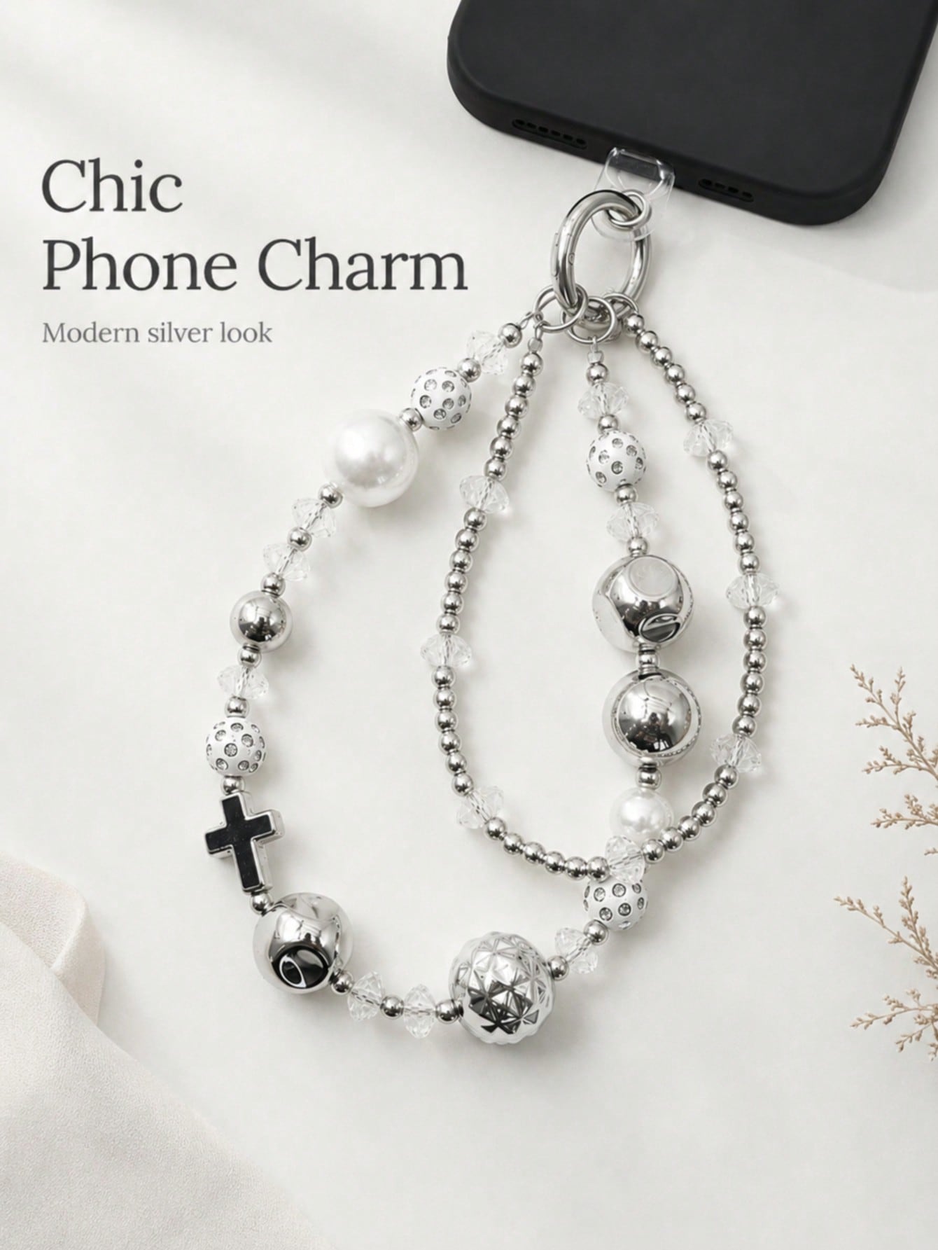 1pc Y2K Silver Double Layer Beaded Phone Wrist Strap Cross Charm Faux Pearl Transparent Crystal Hollow Metal Ball Lobster Clasp Detachable Chain For Cell Phone Handbag Earbud Case Grunge Aesthetic Acc