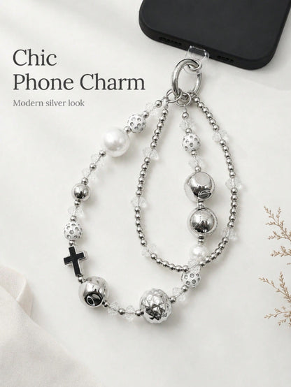 1pc Y2K Silver Double Layer Beaded Phone Wrist Strap Cross Charm Faux Pearl Transparent Crystal Hollow Metal Ball Lobster Clasp Detachable Chain For Cell Phone Handbag Earbud Case Grunge Aesthetic Acc
