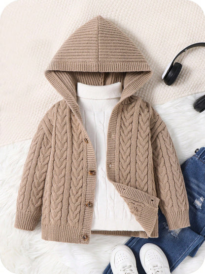 1pc Young Boys Casual Cute Cozy Oversized Ribbed Trim Hoodie Cardigan, Khaki Color, Suitable For Travel, School, Daily Gathering, Autumn/Winter Season