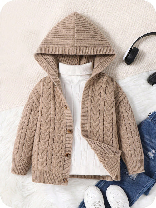1pc Young Boys Casual Cute Cozy Oversized Ribbed Trim Hoodie Cardigan, Khaki Color, Suitable For Travel, School, Daily Gathering, Autumn/Winter Season