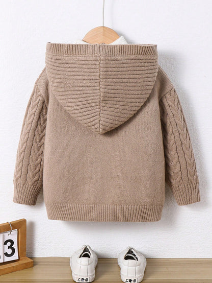 1pc Young Boys Casual Cute Cozy Oversized Ribbed Trim Hoodie Cardigan, Khaki Color, Suitable For Travel, School, Daily Gathering, Autumn/Winter Season
