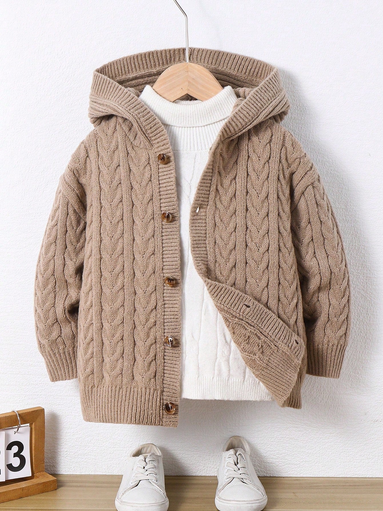 1pc Young Boys Casual Cute Cozy Oversized Ribbed Trim Hoodie Cardigan, Khaki Color, Suitable For Travel, School, Daily Gathering, Autumn/Winter Season