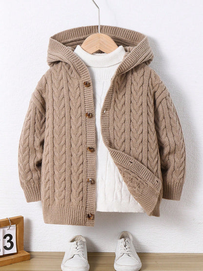 1pc Young Boys Casual Cute Cozy Oversized Ribbed Trim Hoodie Cardigan, Khaki Color, Suitable For Travel, School, Daily Gathering, Autumn/Winter Season