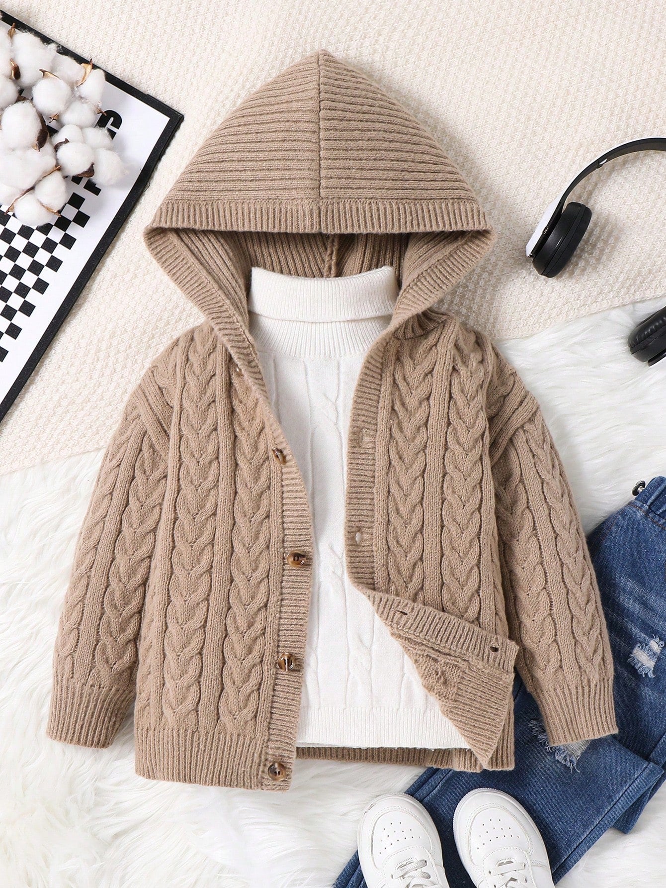 1pc Young Boys Casual Cute Cozy Oversized Ribbed Trim Hoodie Cardigan, Khaki Color, Suitable For Travel, School, Daily Gathering, Autumn/Winter Season
