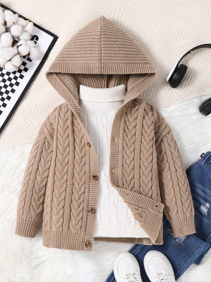 1pc Young Boys Casual Cute Cozy Oversized Ribbed Trim Hoodie Cardigan, Khaki Color, Suitable For Travel, School, Daily Gathering, Autumn/Winter Season