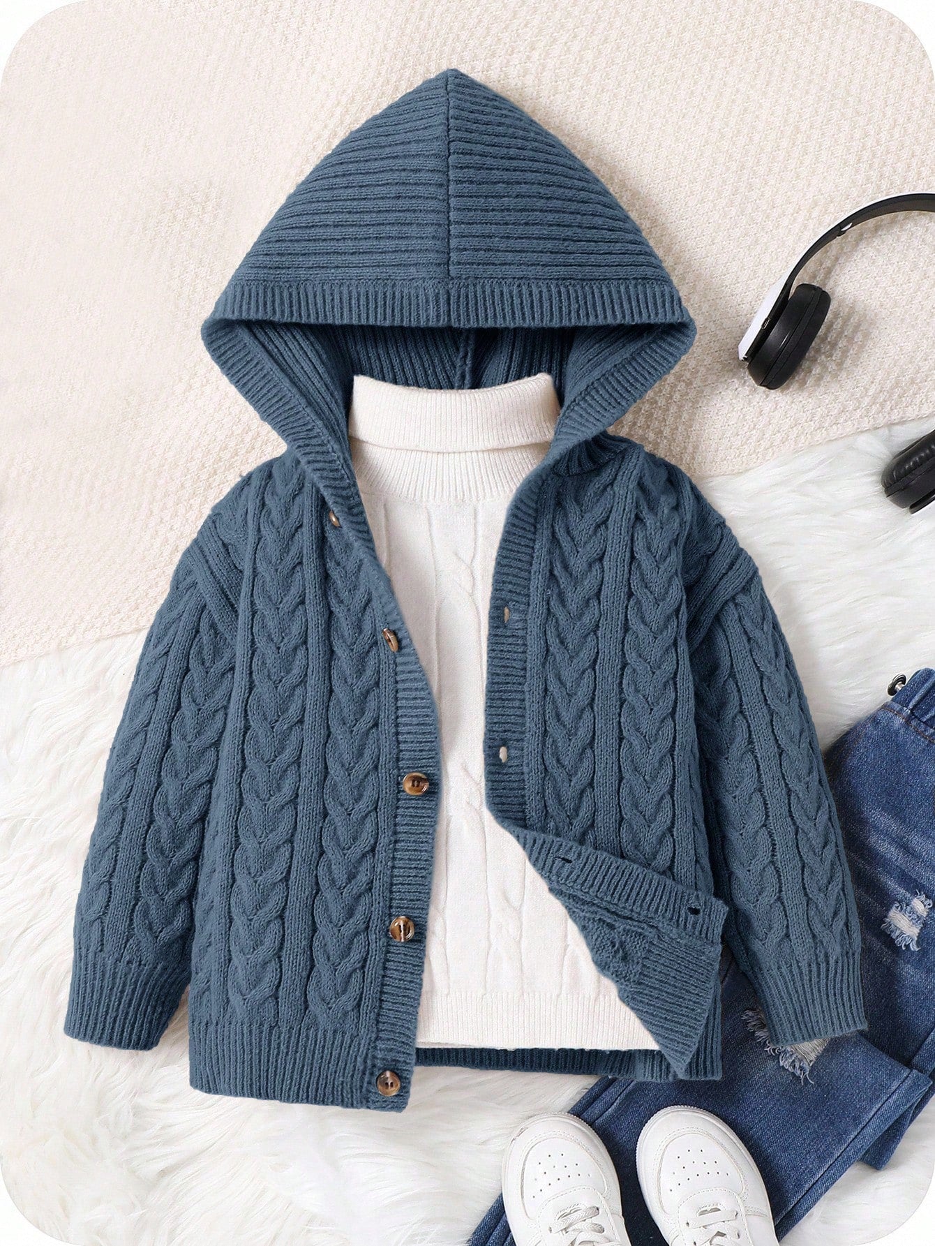 1pc Young Boys Casual Cute Cozy Oversized Ribbed Trim Hoodie Cardigan, Khaki Color, Suitable For Travel, School, Daily Gathering, Autumn/Winter Season