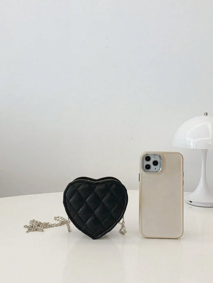1pc Zipper Closure New Fashionable Embroidered Chain Heart-Shaped Shoulder Bag, Unique Rhombus Crossbody Bag For Girls