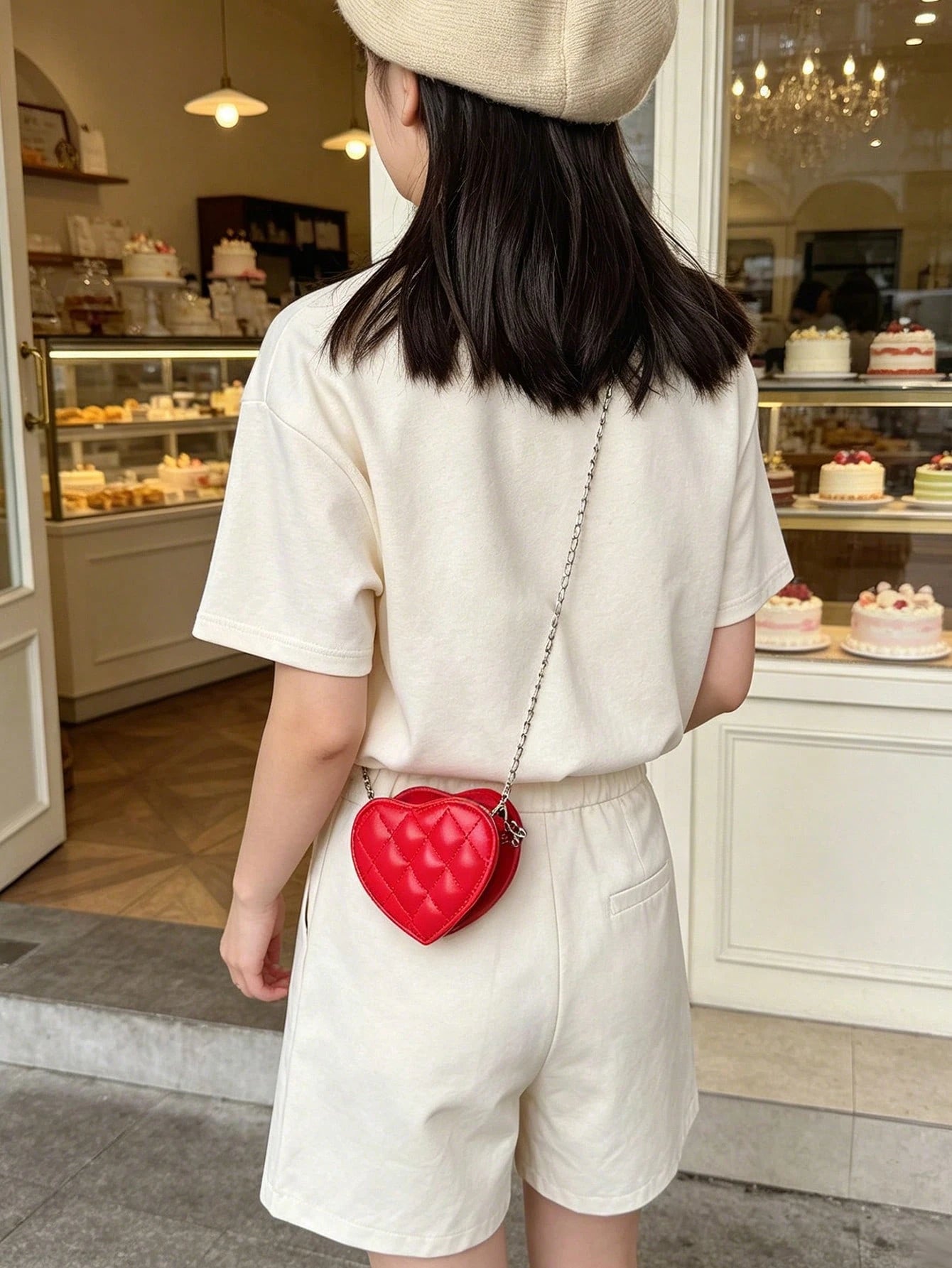 1pc Zipper Closure New Fashionable Embroidered Chain Heart-Shaped Shoulder Bag, Unique Rhombus Crossbody Bag For Girls