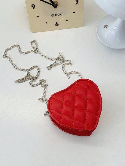 1pc Zipper Closure New Fashionable Embroidered Chain Heart-Shaped Shoulder Bag, Unique Rhombus Crossbody Bag For Girls