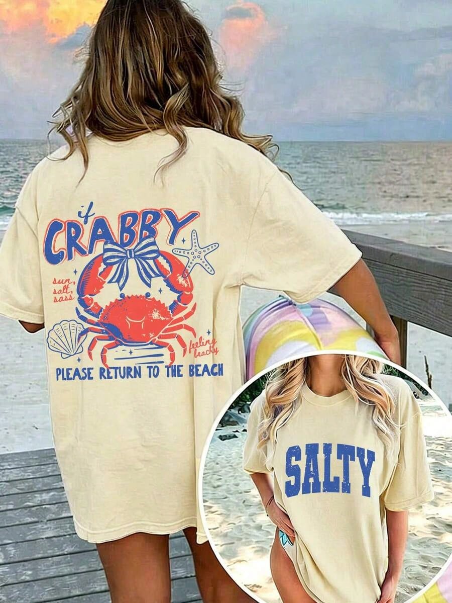 1pcsWomen's If Crabby Please Return To The Beach Salty Graphic T-Shirt 100% Cotton Double-Sided Print Oversized Casual Summer Tops| Summer Clothes