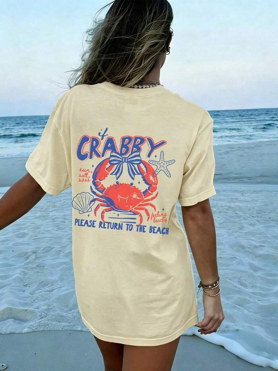 1pcsWomen's If Crabby Please Return To The Beach Salty Graphic T-Shirt 100% Cotton Double-Sided Print Oversized Casual Summer Tops| Summer Clothes