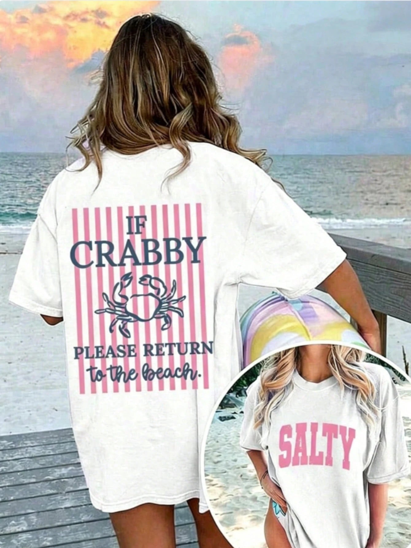 1pcsWomen's If Crabby Please Return To The Beach Salty Graphic T-Shirt 100% Cotton Double-Sided Print Oversized Casual Summer Tops| Summer Clothes