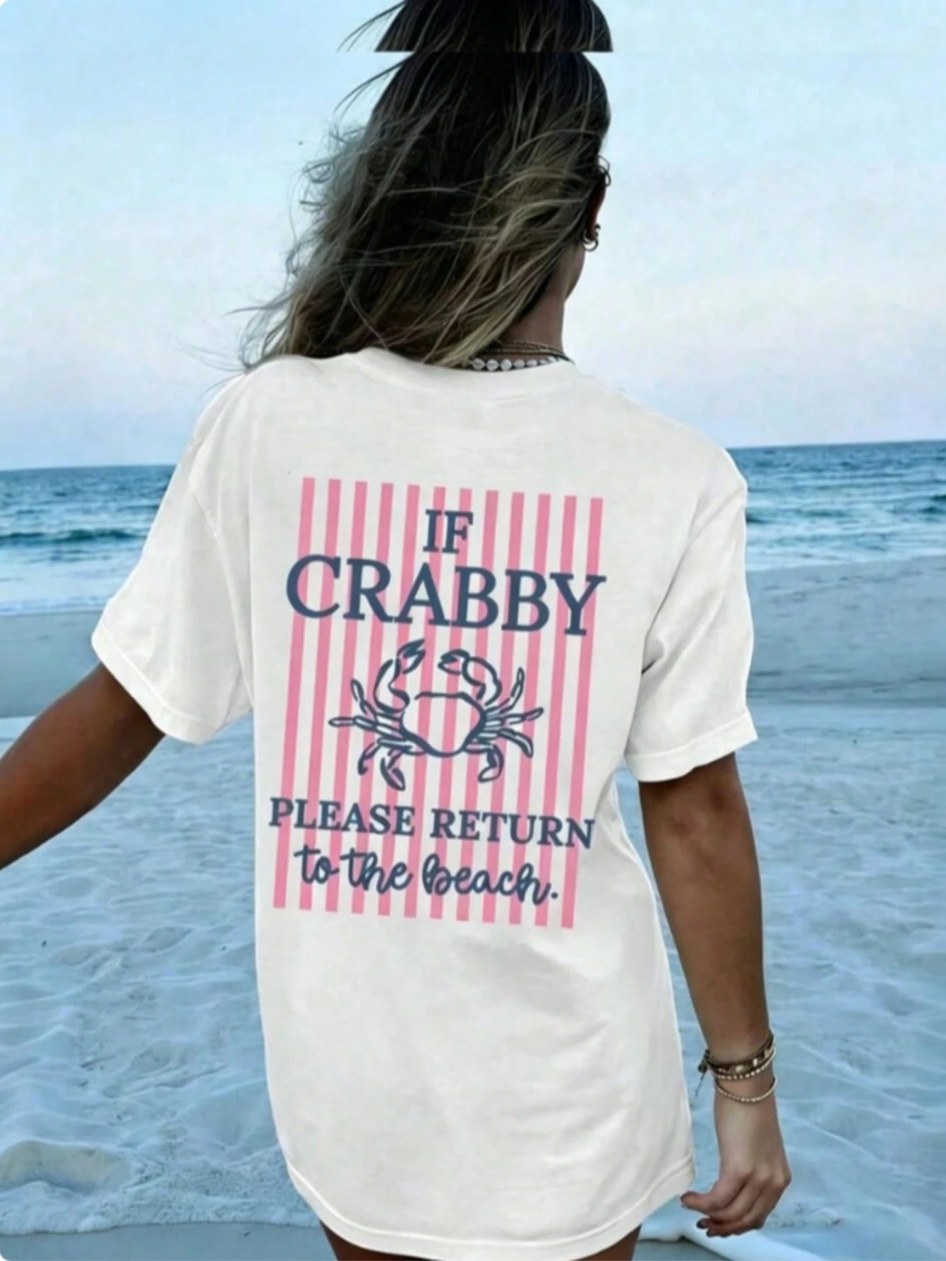 1pcsWomen's If Crabby Please Return To The Beach Salty Graphic T-Shirt 100% Cotton Double-Sided Print Oversized Casual Summer Tops| Summer Clothes