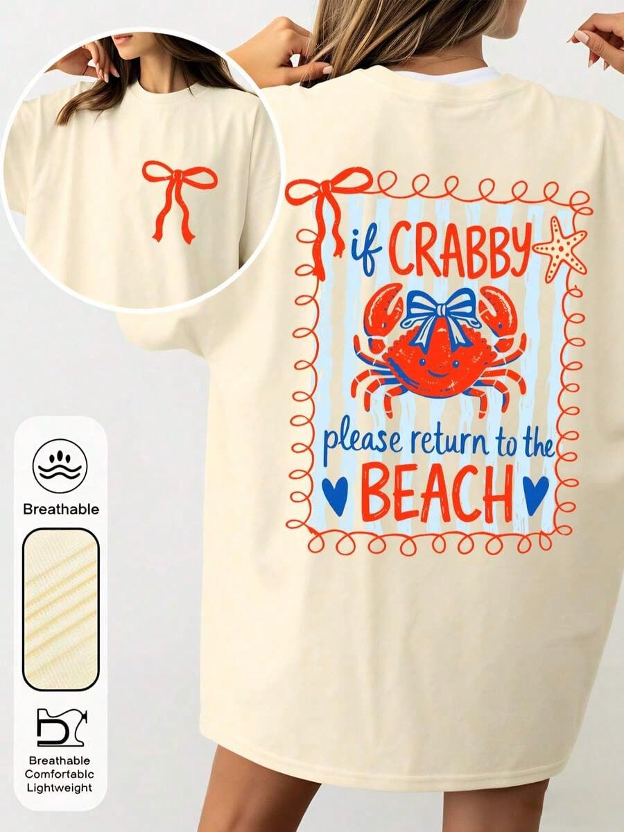 1pcsWomen's If Crabby Please Return To The Beach Salty Graphic T-Shirt 100% Cotton Double-Sided Print Oversized Casual Summer Tops| Summer Clothes